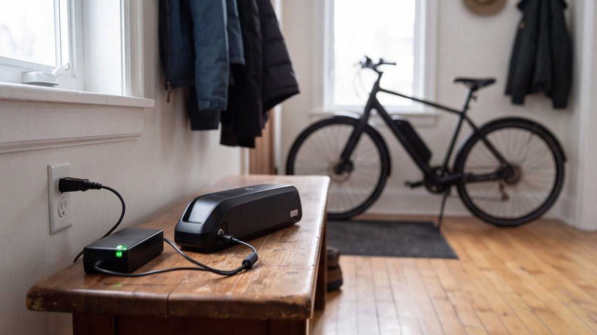 Removable e-bike battery charging on a wooden bench in a home entryway