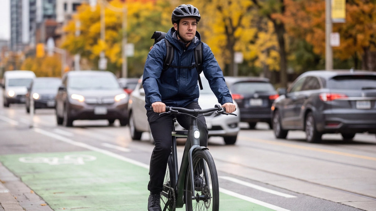 Commuter in a helmet riding a city e-bike in a painted downtown bike lane