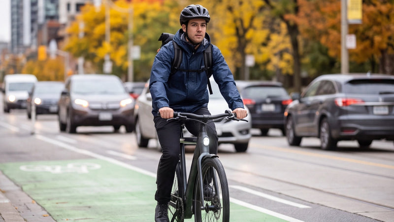 Commuter in a helmet riding a city e-bike in a painted downtown bike lane