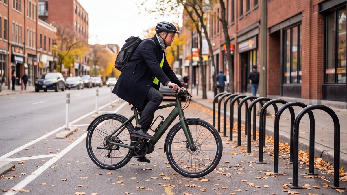 Rider in a helmet on a commuter e-bike in a bike lane beside a row of steel bike racks