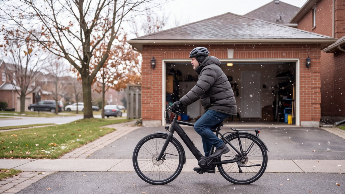 Rider in a helmet and winter jacket riding an e-bike toward an open garage in the first snow