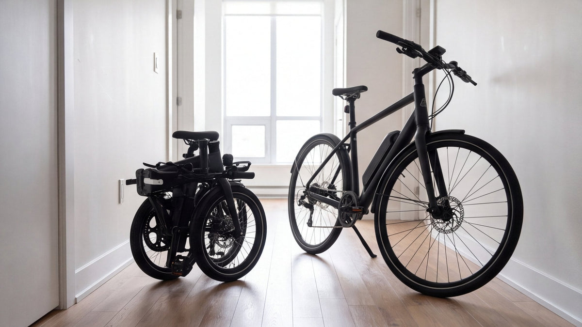 A folded compact e-bike next to a full-size e-bike in a bright condo hallway