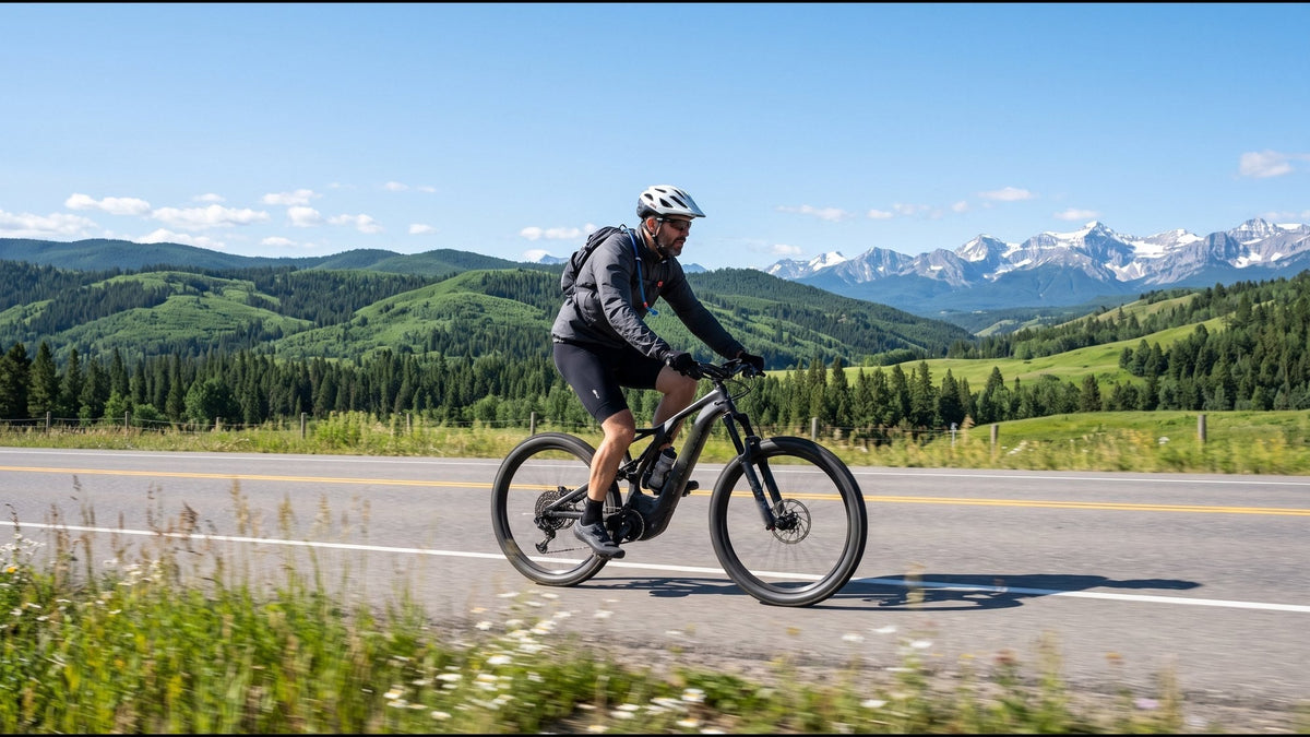 Rider on a full-suspension e-bike on a foothills road with the Rocky Mountains behind