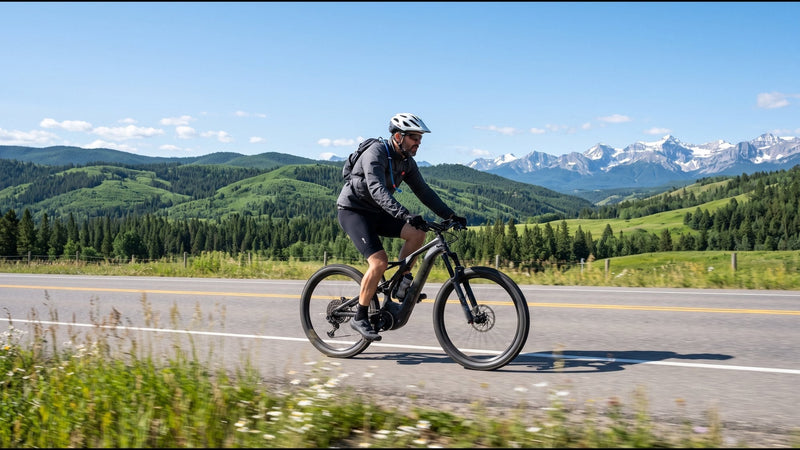 Rider on a full-suspension e-bike on a foothills road with the Rocky Mountains behind