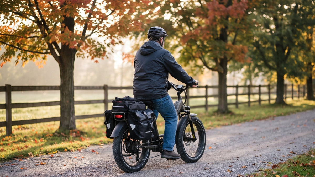 Rider in a helmet on a fat-tire e-bike with loaded panniers on a gravel lane in autumn