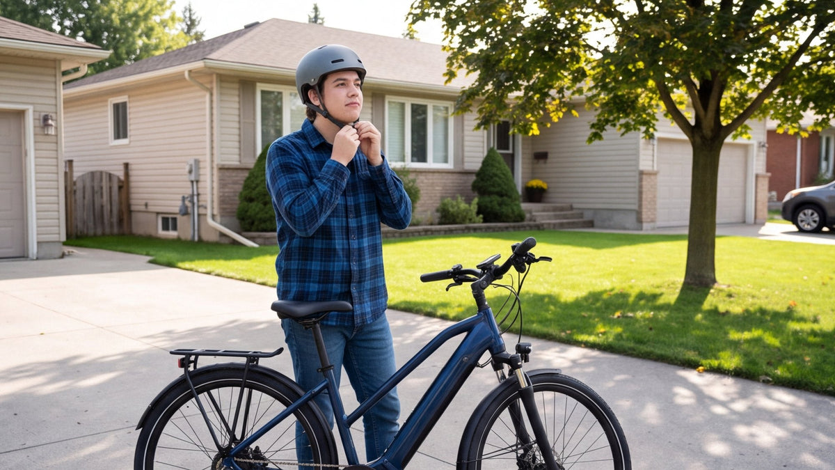 Rider fastening a helmet beside an e-bike in a suburban driveway