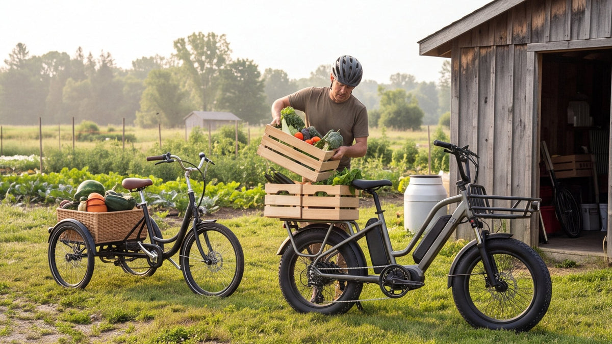 Rider loading a crate of vegetables onto a cargo e-bike beside a cargo trike at a market garden