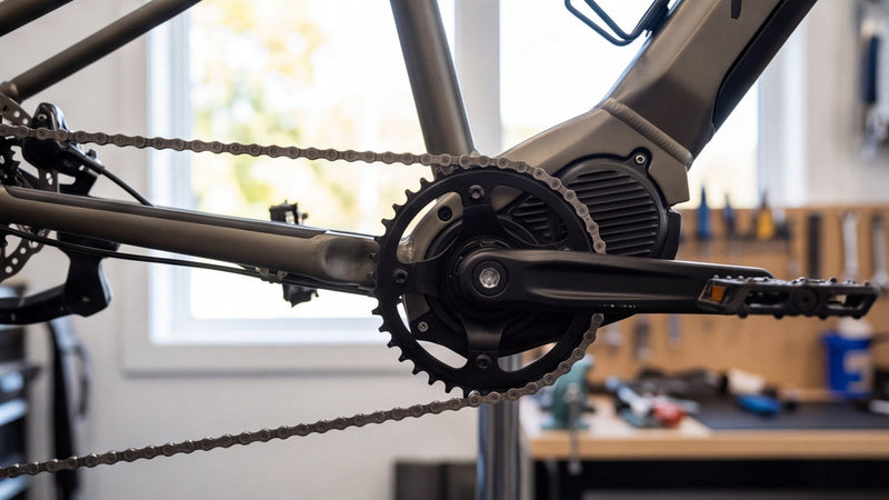 Close-up of an e-bike mid-drive motor, crankset and chain in a bike workshop