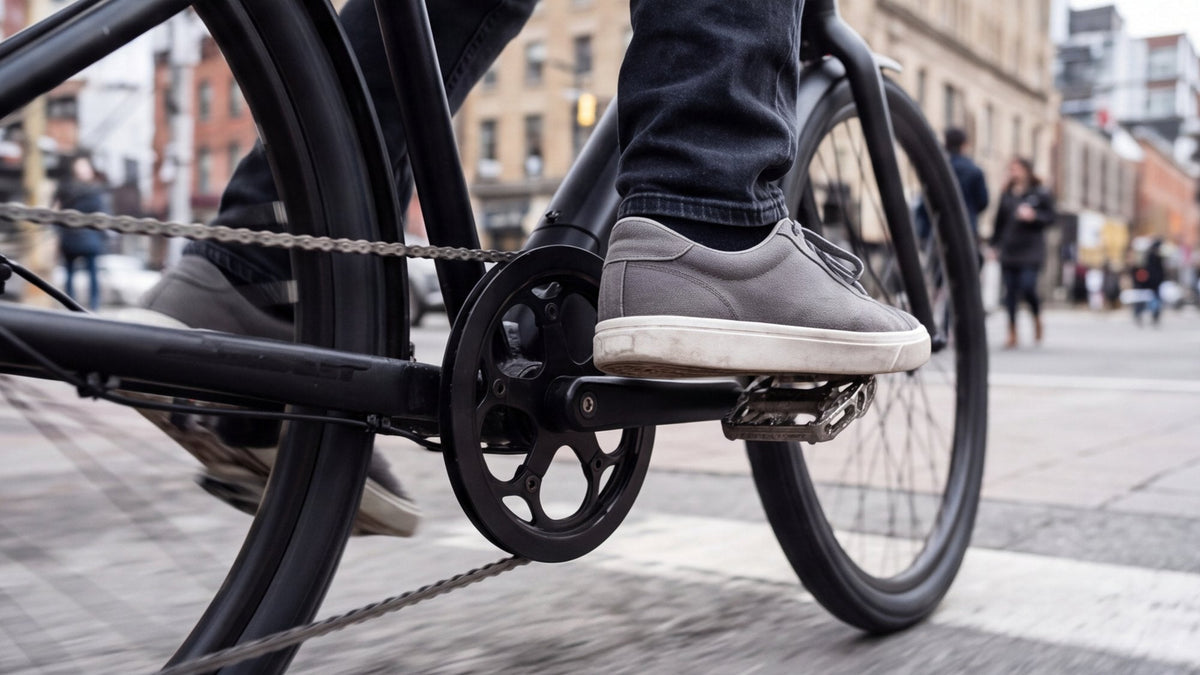 Close-up of a rider's shoe on an e-bike pedal and crank on a city street