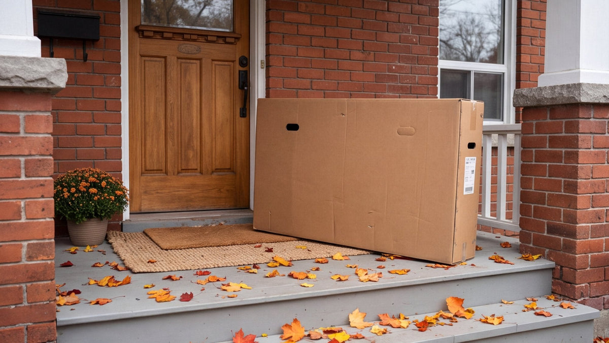 Plain e-bike shipping box delivered on the porch of a brick house in autumn