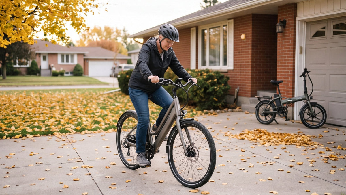 Rider in a helmet on a step-through e-bike in a suburban driveway in autumn, a folding e-bike by the garage
