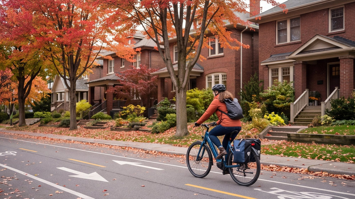 Rider in a helmet on a commuter e-bike on a residential street lined with autumn maples