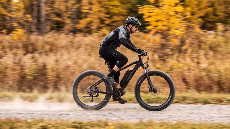 Rider accelerating on a black fat-tire e-bike along a gravel country road in autumn