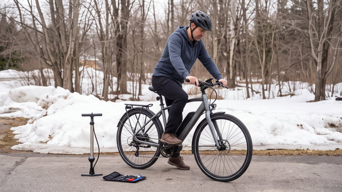 Rider in a helmet checking the brake lever of a commuter e-bike beside a floor pump in early spring