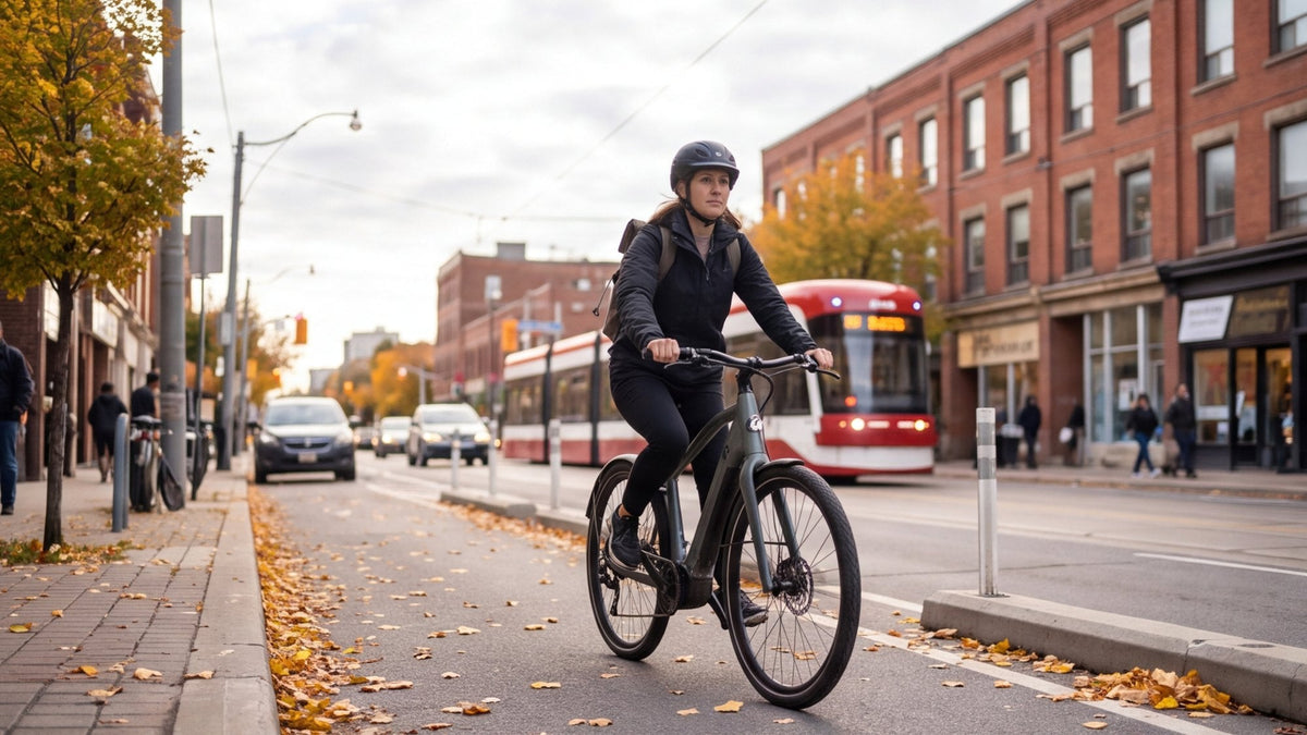 Rider in a helmet on a commuter e-bike in a downtown Toronto bike lane, a streetcar behind