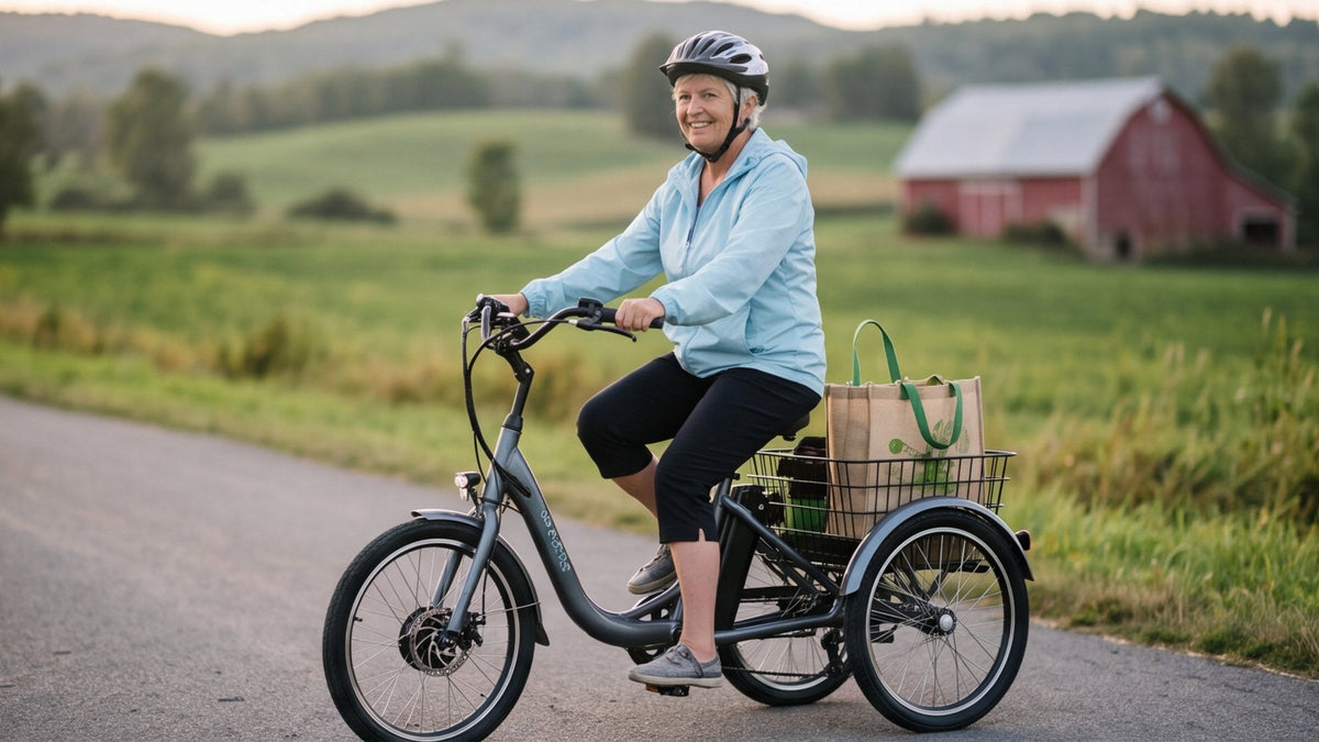 Smiling older rider in a helmet on a three-wheel electric trike on a country lane, a red barn behind