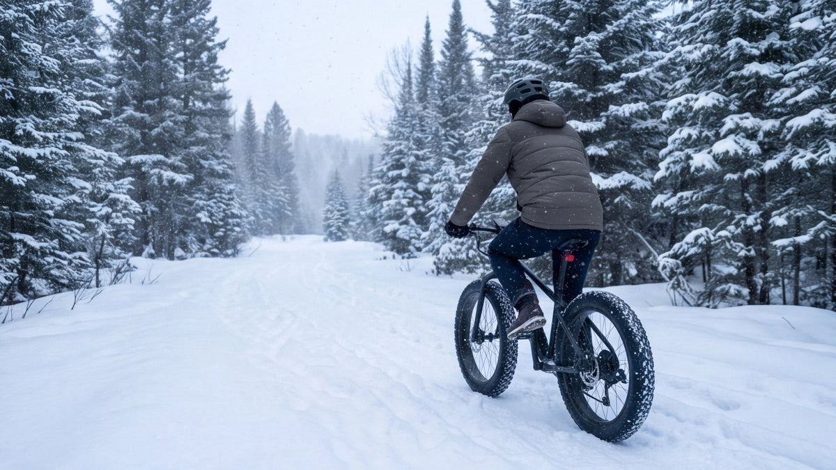 Rider on a fat-tire e-bike on a snowy forest trail in light snowfall